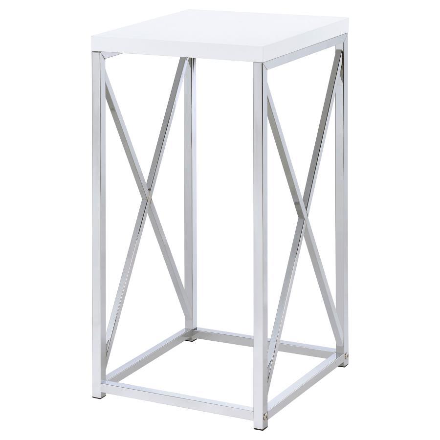 Edmund Square Accent Side Table – White High Gloss Top with Chrome X-Frame Base, Modern End Table for Living Room, Bedroom, or Sitting Area