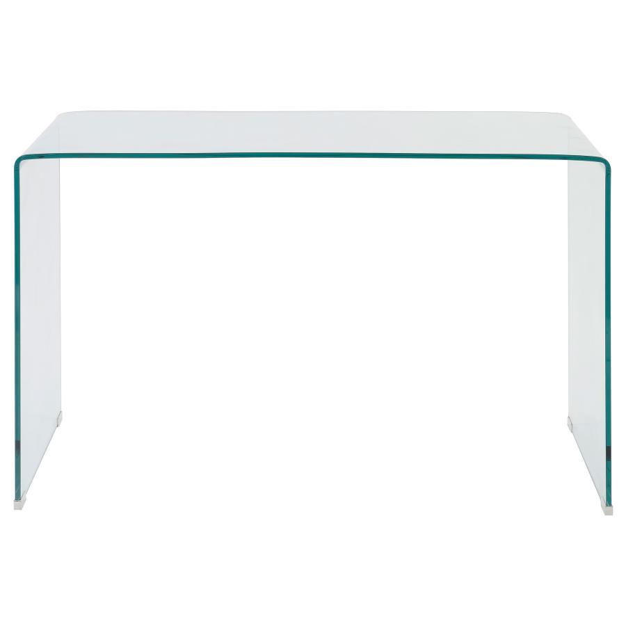 Ripley - Tempered Bent Glass Writing Desk in Clear – Modern Minimalist Home Office Desk with Spacious Tabletop and Chrome Floor Protectors
