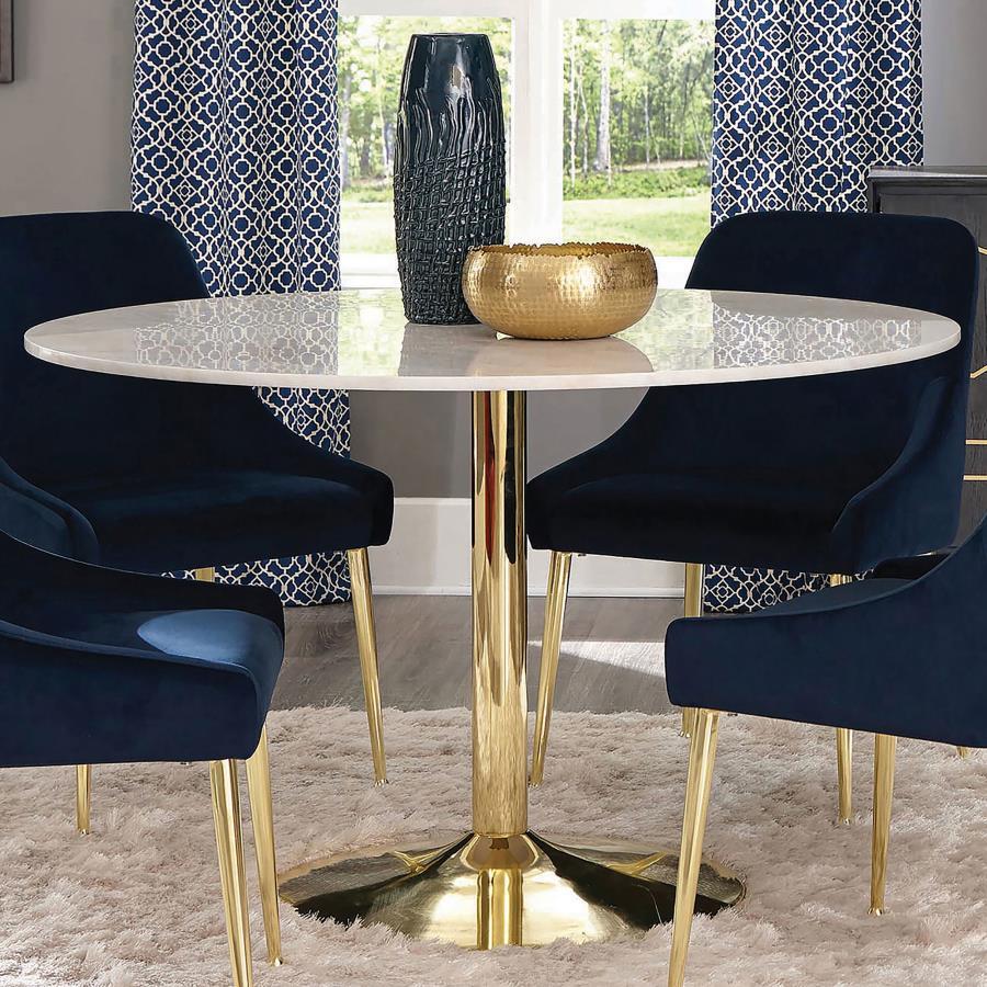 Kella Round Marble Top Dining Table – White Marble with Brass Pedestal Base, Geometric Modern Design for Chic Contemporary Dining Spaces