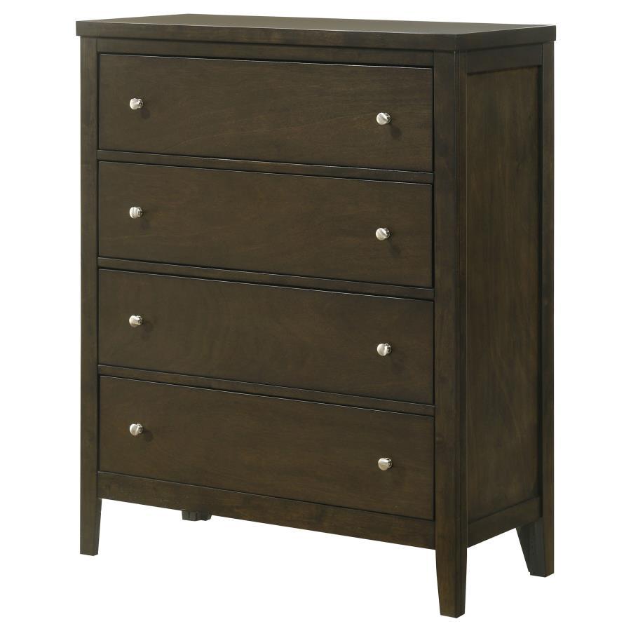 Wilkes 4-Drawer Chest of Drawers – Dark Cocoa Finish, Vertical Detail Design, Brushed Nickel Hardware, Modern Storage Dresser, Durable Bedroom Furniture