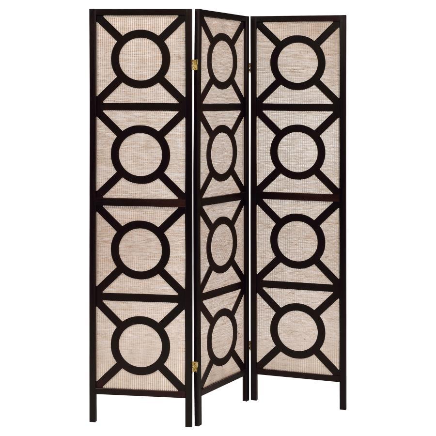 Vulcan 3-Panel Folding Room Divider Shoji Screen with Geometric Cutout Design – Cappuccino and Tan Decorative Privacy Screen for Home or Office