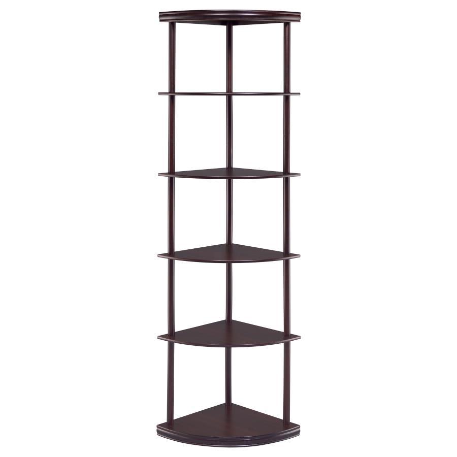 Bonwick – 5-Shelf Corner Bookshelf with Space-Saving Compact Design, Rubberwood Frame, and Elegant Cappuccino Finish for Home or Office