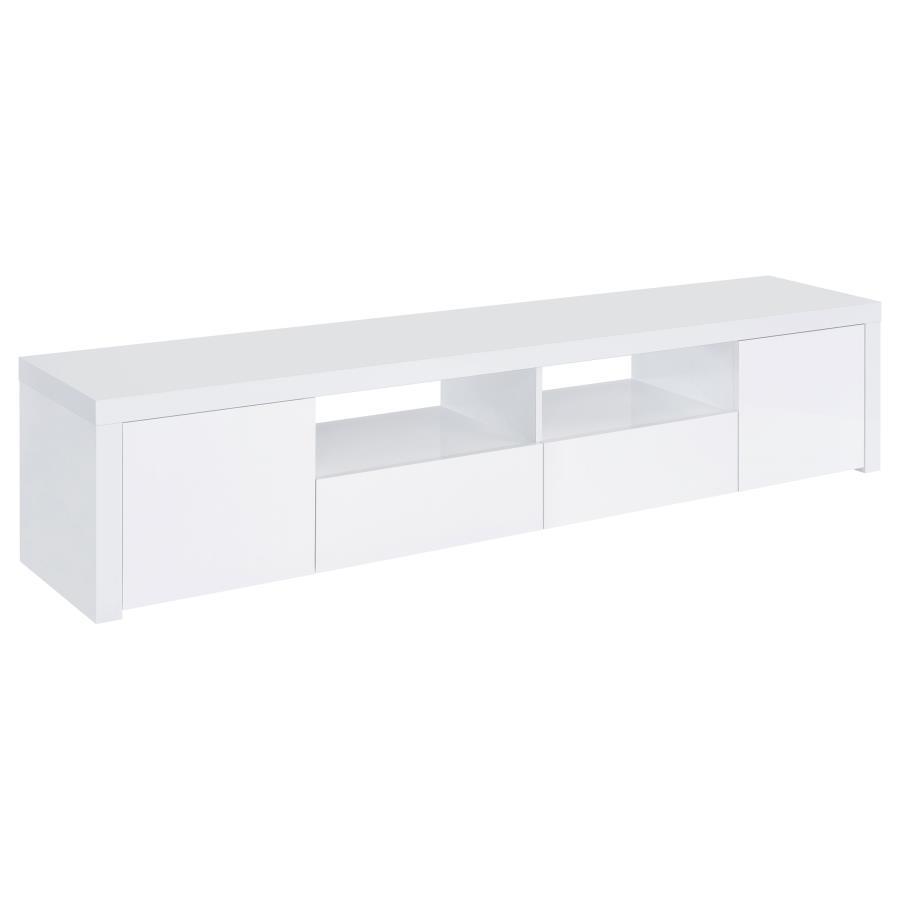 Jude 2 Door Engineered Wood TV Stand with High Gloss White Finish, Open Shelves & Soft-Close Drawers – Modern Media Console for Living Room Storage