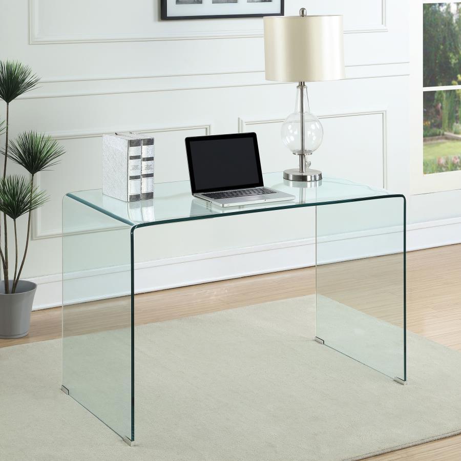 Ripley - Tempered Bent Glass Writing Desk in Clear – Modern Minimalist Home Office Desk with Spacious Tabletop and Chrome Floor Protectors