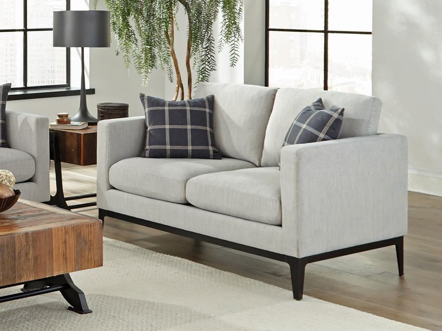 Apperson Upholstered Track Arm Loveseat – Light Gray Casual Comfort with Plaid Accent Pillows – Modern Living Room Furniture