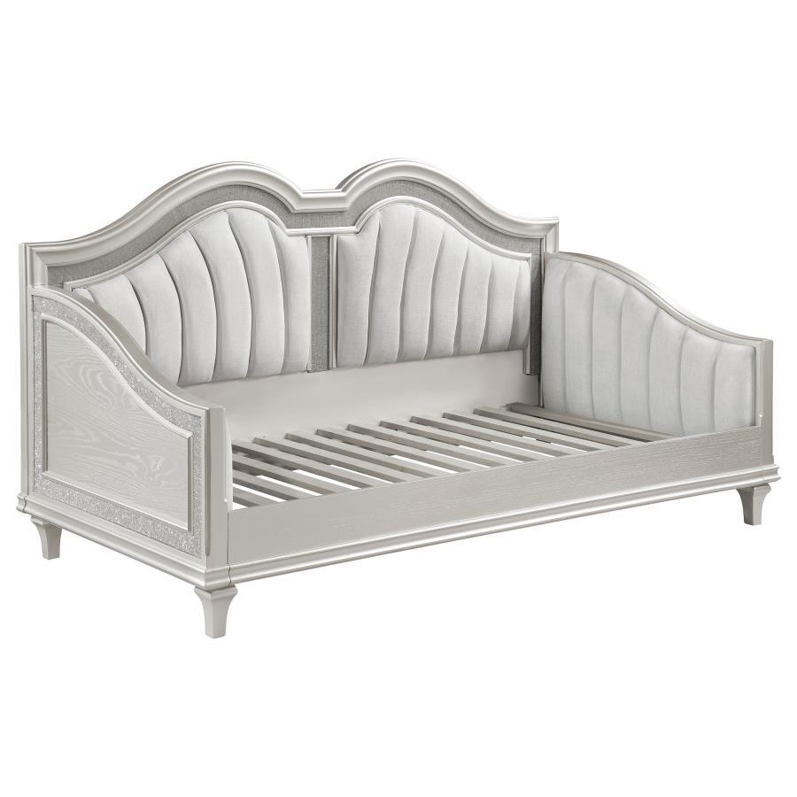 Evangeline Upholstered Twin Daybed – Silver Oak, Elegant Curved Design with Faux Diamond Trim, Guest Bed, Small Space Friendly, Luxurious Style