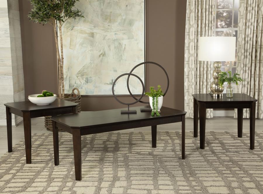 Amaro - 3 Piece Coffee And End Table Set – Dark Brown, Rubberwood Construction with Notched Corners & Tapered Legs for Compact Living Spaces
