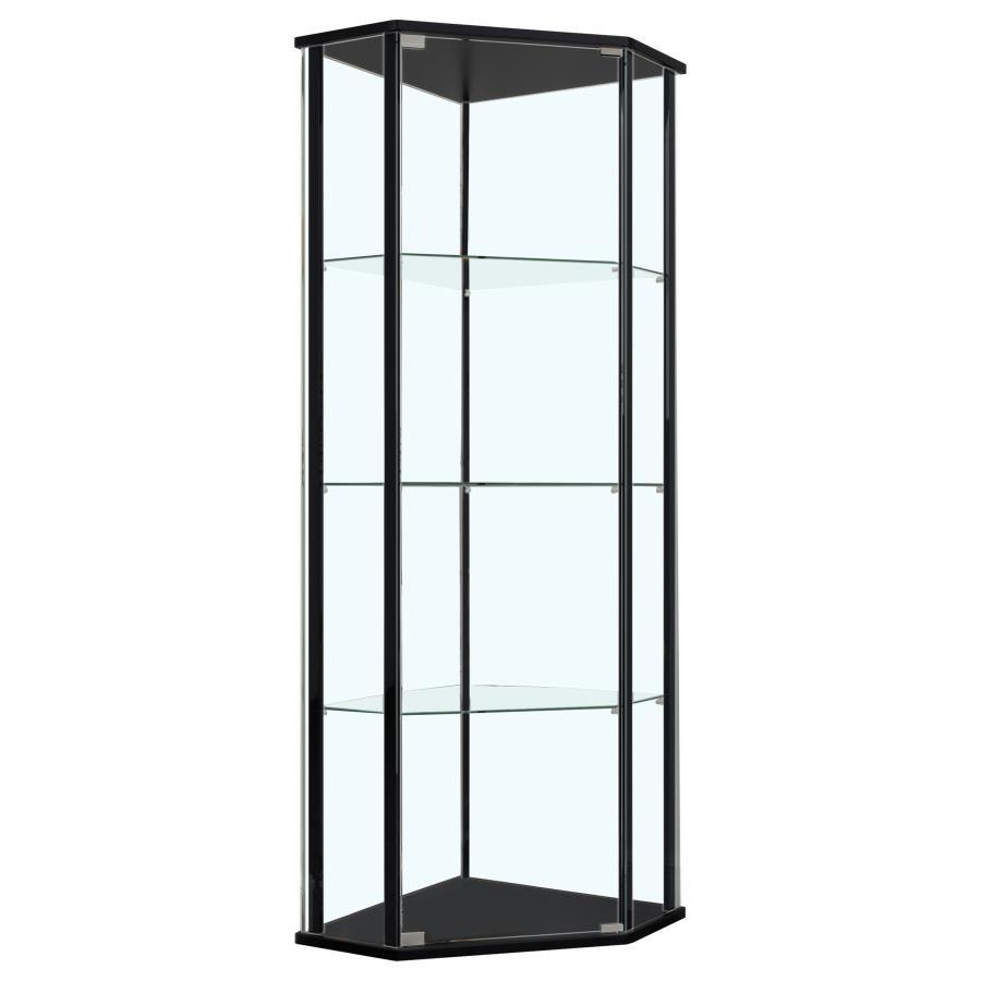 Zenobia 4-Shelf Curio Cabinet Display Case – Black Metal Frame with Chrome Accents, Tempered Glass Shelves, Modern Triangular Design for Decor and Collectibles