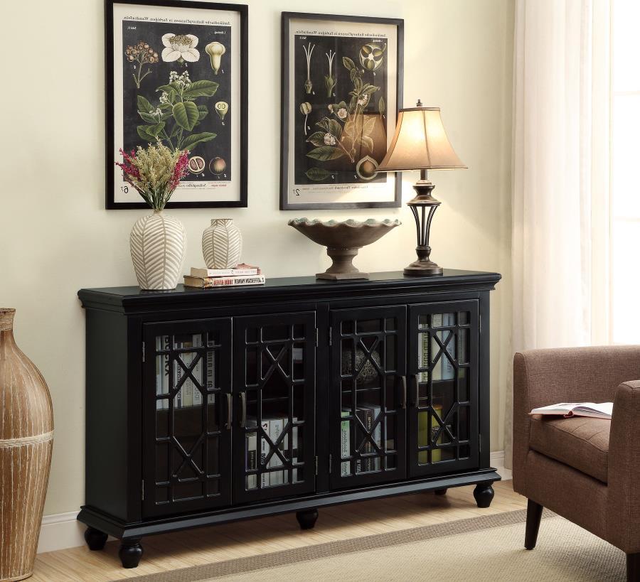 Kovu 4-Door Wood Lattice Storage Accent Cabinet in Black – Decorative Overlay Doors, Spacious Interior Shelves, Stylish Living Room or Den Furniture