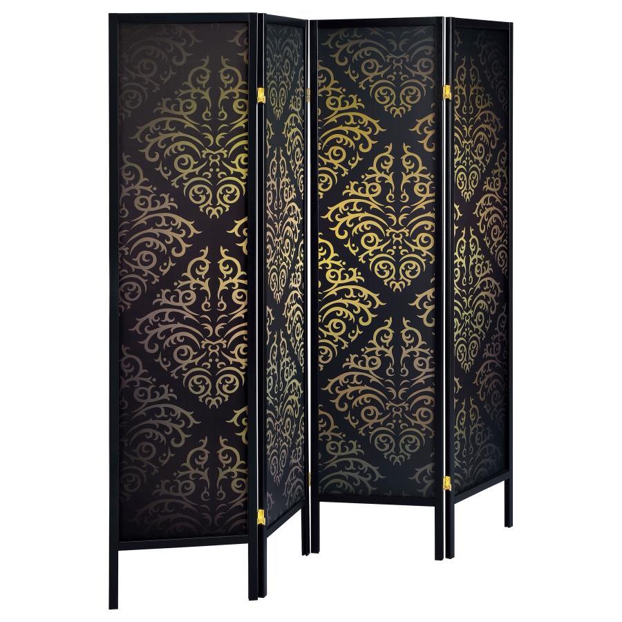 Haidera 4-Panel Folding Room Divider Screen Black Damask – Decorative Privacy Screen for Living Room, Bedroom, Office, or Studio