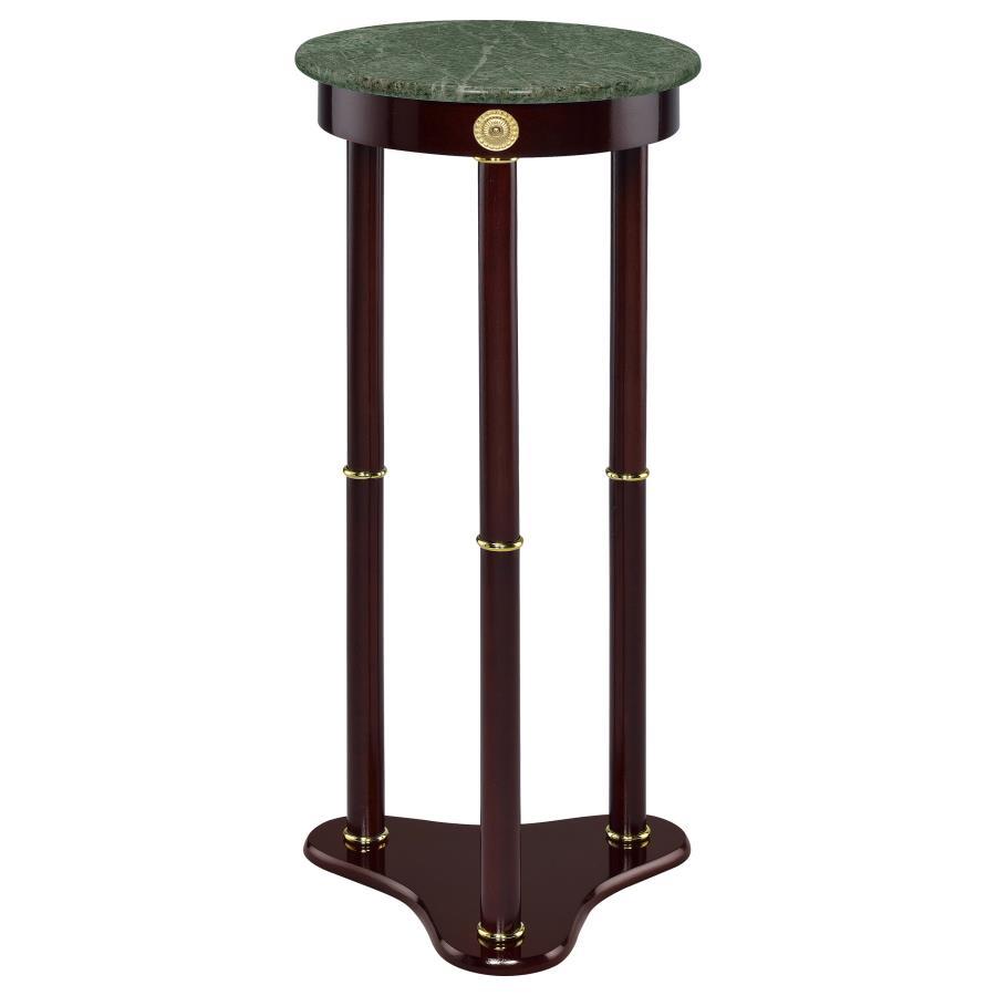 Edite Round Marble Top Accent Side Table – Merlot Finish, Solid Rubberwood Base with Gold Accents, Elegant Plant Stand and Decorative Side Table