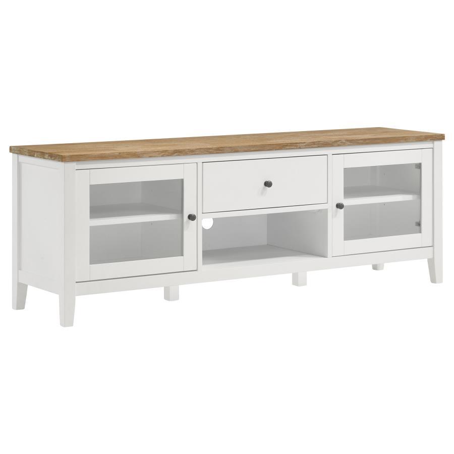 Hollis 3 Piece TV Stand Entertainment Center – White and Brown Ash Finish with Storage Drawers, Media Towers, Rustic Farmhouse & Coastal Style