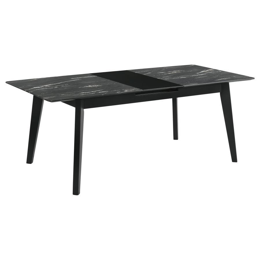 Crestmont Extension Dining Table – Faux Marble Top, Black Finish, Self-Storing Leaf, Sleek Modern Design, 62.5" x 36.25" x 30"