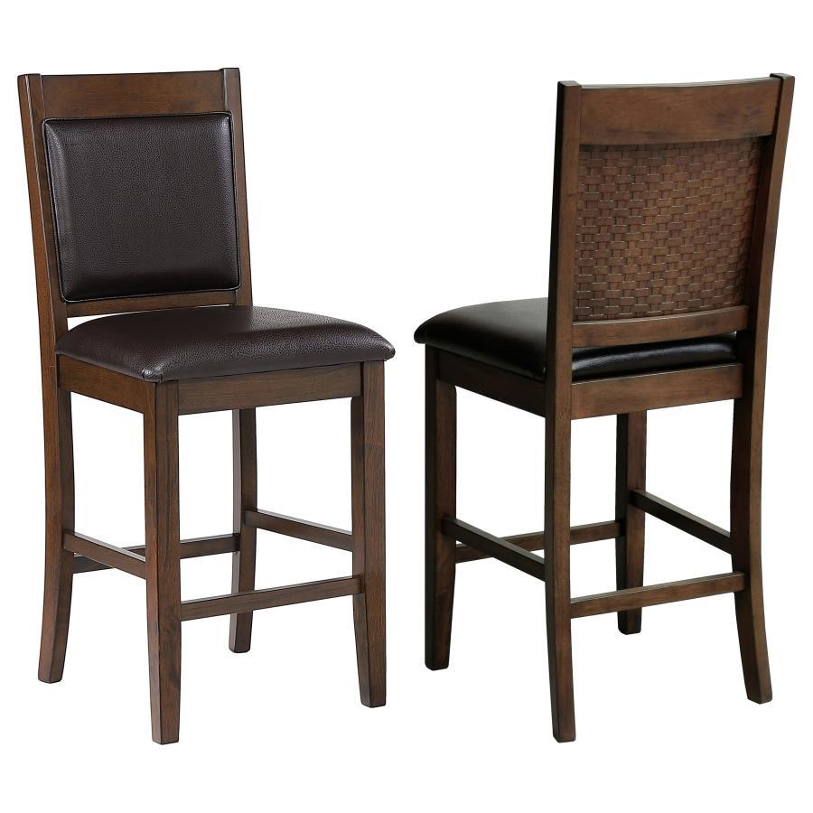 Dewey Upholstered Counter Chair Set of 2, Walnut Finish Rubberwood Frame, Brown Faux Leather Padded Seat and Back, Woven Panel Detail, Modern Design