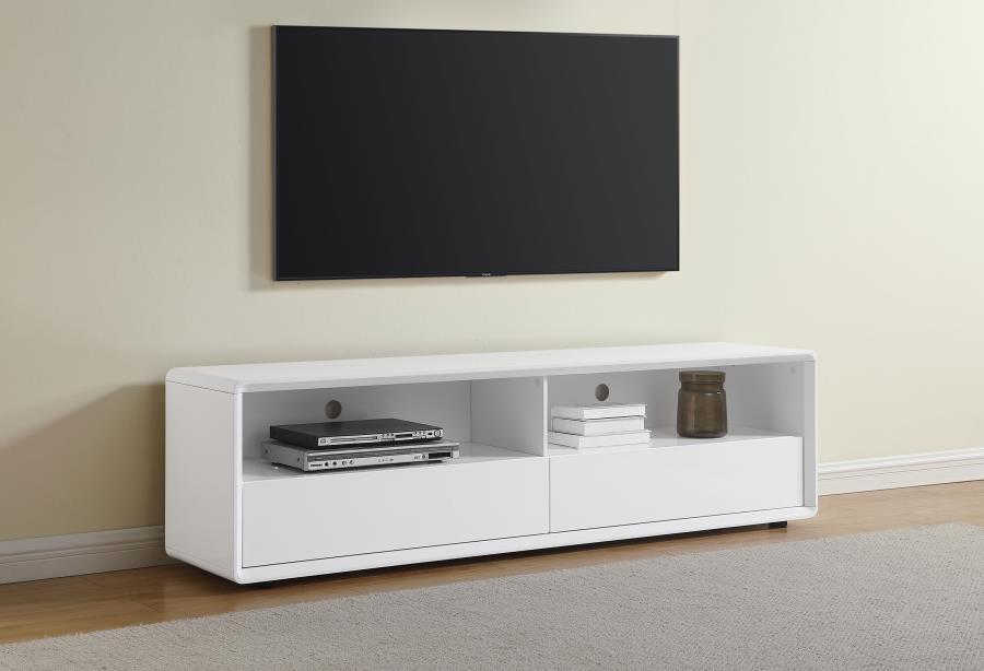 Ellice 71" TV Stand Media Console – White High Gloss Engineered Wood, Minimalist Modern Design with 2 Spacious Drawers for Living Room Storage