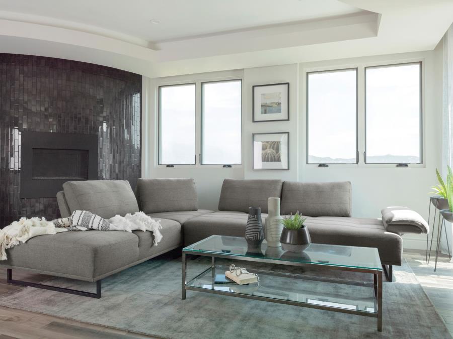Arden Upholstered Sectional Sofa, Taupe Woven Fabric, Adjustable Backrests, Chaise-Style Seating, Powder Coated Black Base, Modern Living Room