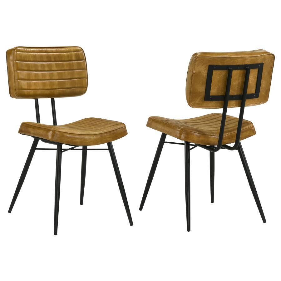 Misty Leather Upholstered Dining Side Chair Set of 2 – Industrial Vintage Goat Leather, Vertical Tufting, Metal Legs, Camel Finish