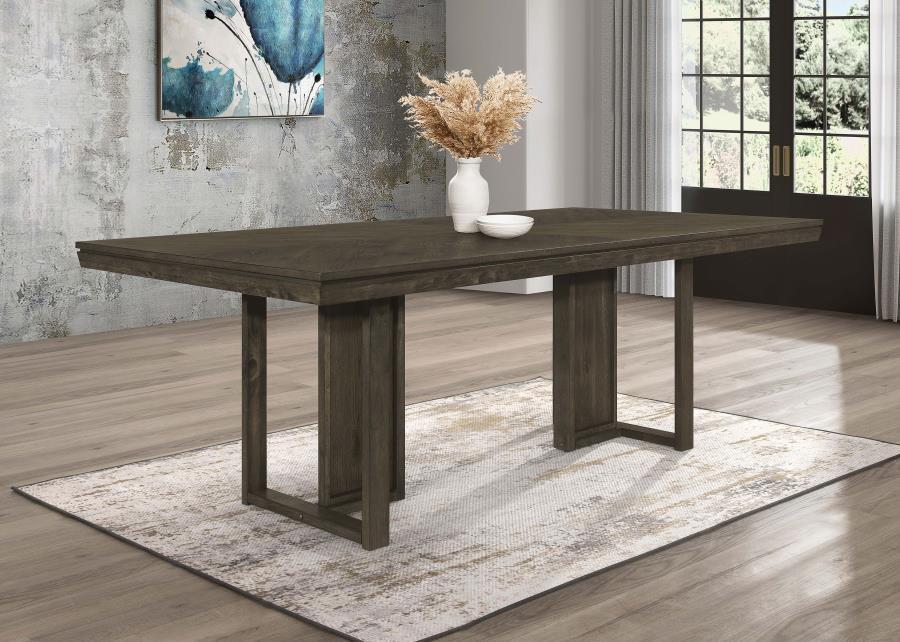 Kelly Rectangular Wood Dining Table – Dark Gray Transitional Design with Chevron Pattern & Modern Trestle Base for Elegant Dining Spaces