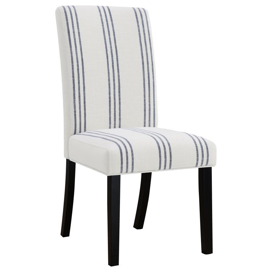 Herran Upholstered Dining Side Chair Set of 2 – Beige Linen-Like Fabric with Subtle Blue Stripes and Asian Hardwood Frame for Modern Farmhouse & Transitional Dining