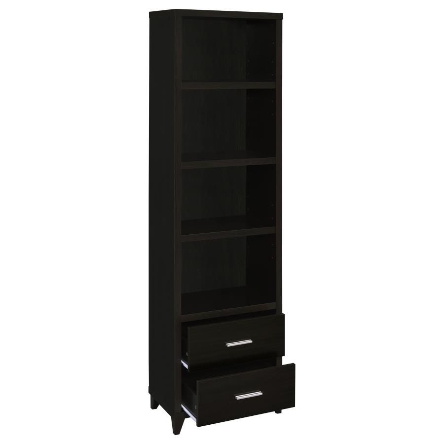 Lewes 4-Shelf Engineered Wood Media Tower – Cappuccino, Adjustable Shelves, Brushed Silver Hardware, Storage Drawers, Modern Living Room Organizer