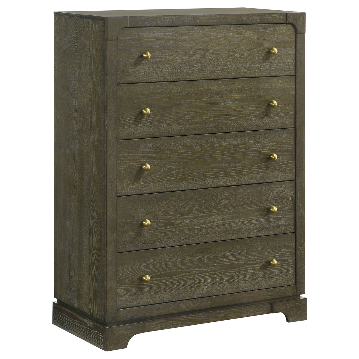 Gran Park 5-Drawer Bedroom Chest of Drawers in Dark Cocoa – Solid Wood Transitional Design with Felt-Lined Top Drawers & Brass Knobs