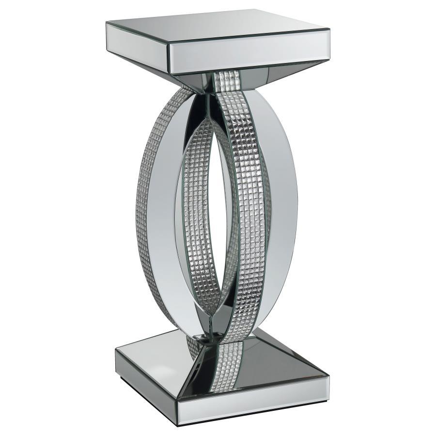 Amalia Square Mirrored Acrylic Crystal Side End Table – Silver, Modern Sculptural Accent Table with Rhinestone Details for Living Room