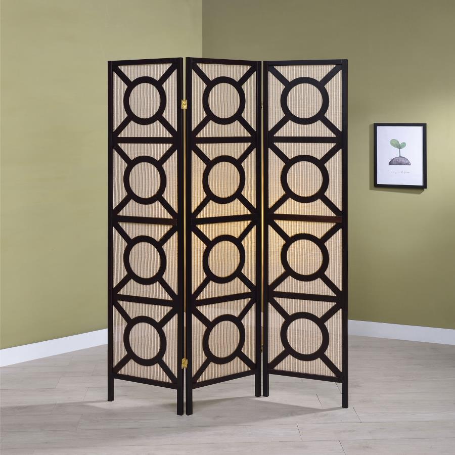 Vulcan 3-Panel Folding Room Divider Shoji Screen with Geometric Cutout Design – Cappuccino and Tan Decorative Privacy Screen for Home or Office