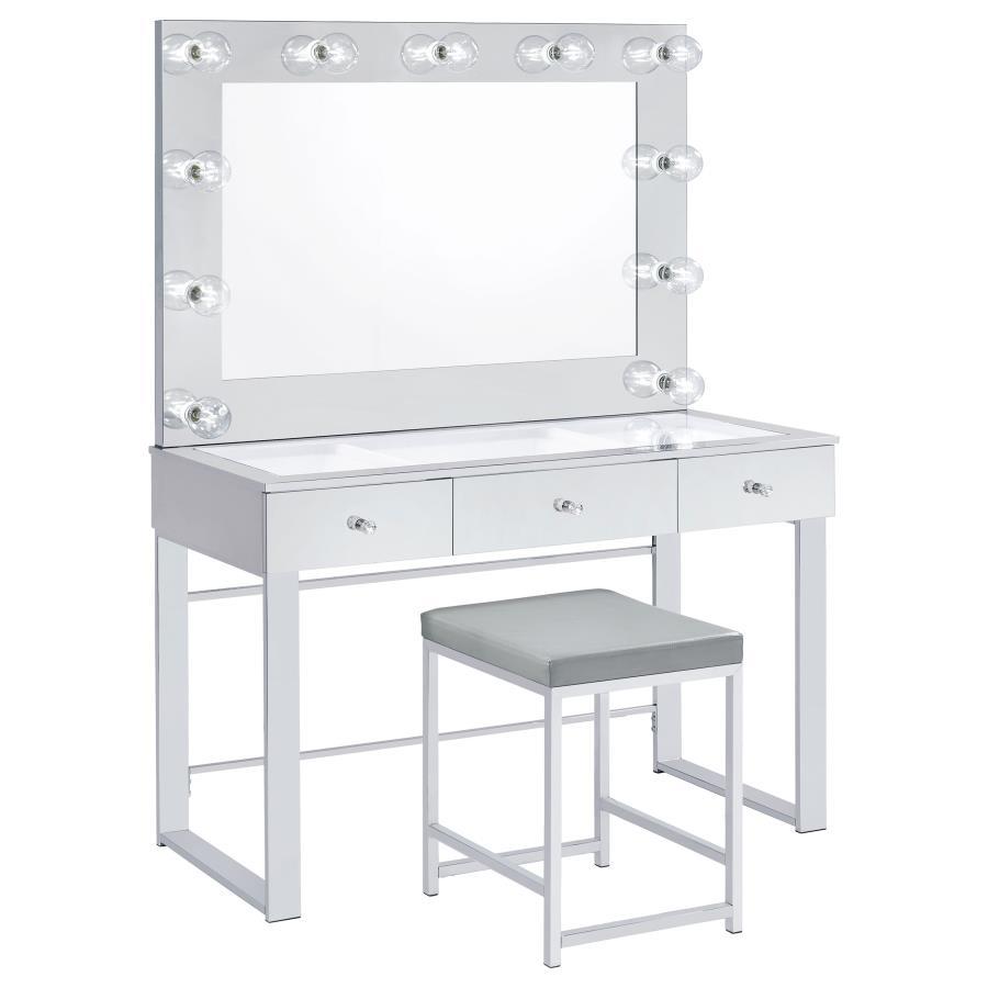 Umbridge Upholstered Square Vanity Stool – Light Gray Leatherette Cushion, Polished Chrome Base, Modern Backless Vanity Bench for Bedroom or Dressing Table