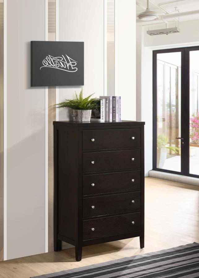 Carlton 5-Drawer Bedroom Chest – Rich Cappuccino Finish, Brushed Silver Handles, Spacious Storage, Elegant Solid Wood Chest for Master Bedroom