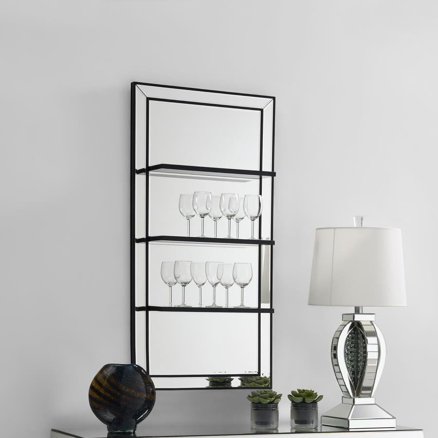 Oriel Rectangular Wall Mirror in Silver with 3 Shelves – Modern Glam Vertical Mirror with Beveled Edges for Bedroom, Bathroom, or Entryway