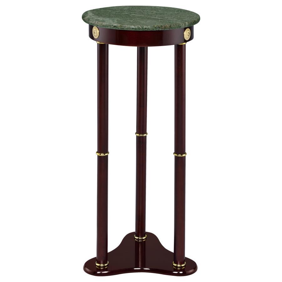 Edite Round Marble Top Accent Side Table – Merlot Finish, Solid Rubberwood Base with Gold Accents, Elegant Plant Stand and Decorative Side Table
