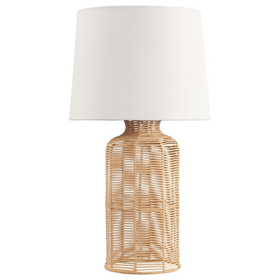Nairobi Empire Shade Handwoven Rattan Table Lamp – Natural Cylindrical Base, Neutral Fabric Shade, Metal Frame, Cozy Ambient Lighting for Home