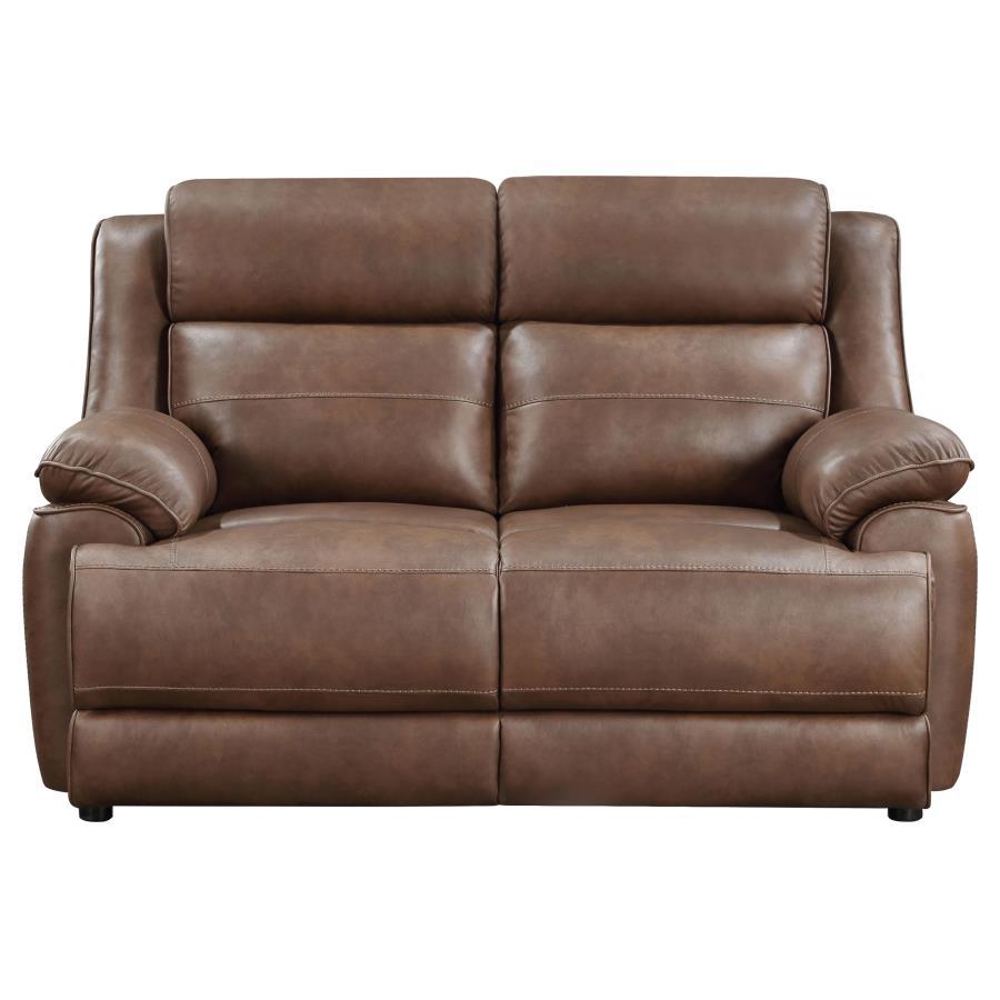 Ellington Upholstered Padded Arm Loveseat, Dark Brown Faux Leather, Pillowtop Arms, Pocket Coil Seating, Foam Cushions, Transitional Living Room