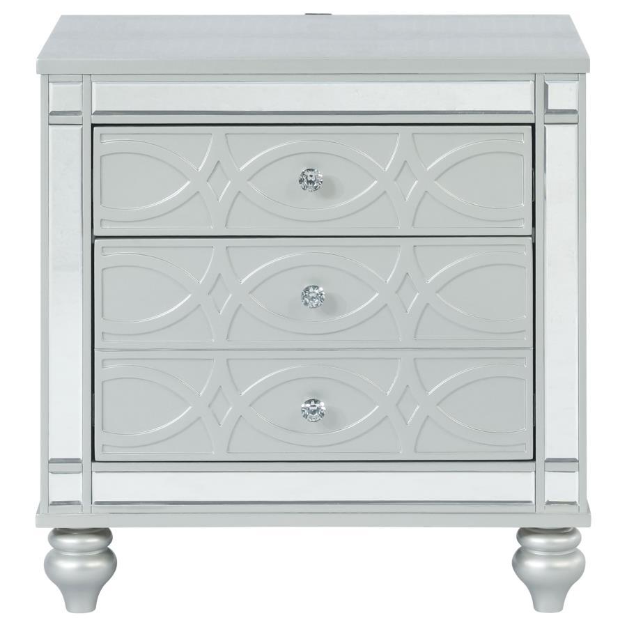 Gunnison 2-Drawer Nightstand in Silver Metallic – Modern Glam Accent with Crystal Pulls, Dual USB Ports, Felt-Lined Drawer & Fretwork Design