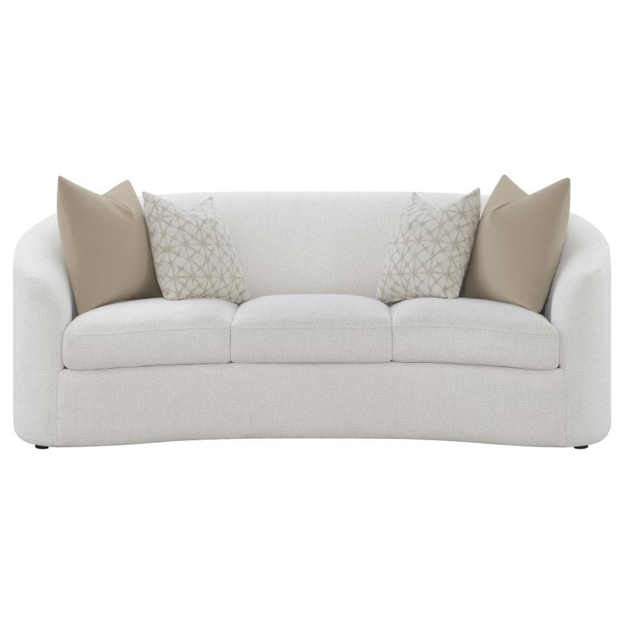 Rainn Boucle Upholstered Sloped Arm Sofa – Latte, Contemporary Curved Design, Plush Cushions, Faux Down Pillows, Comfortable Modern Living Room