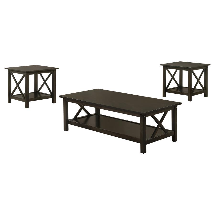 Rachelle - 3 Piece Rectangular Coffee Table Set - Deep Merlot Finish with X-Shaped Accents & Storage Shelves