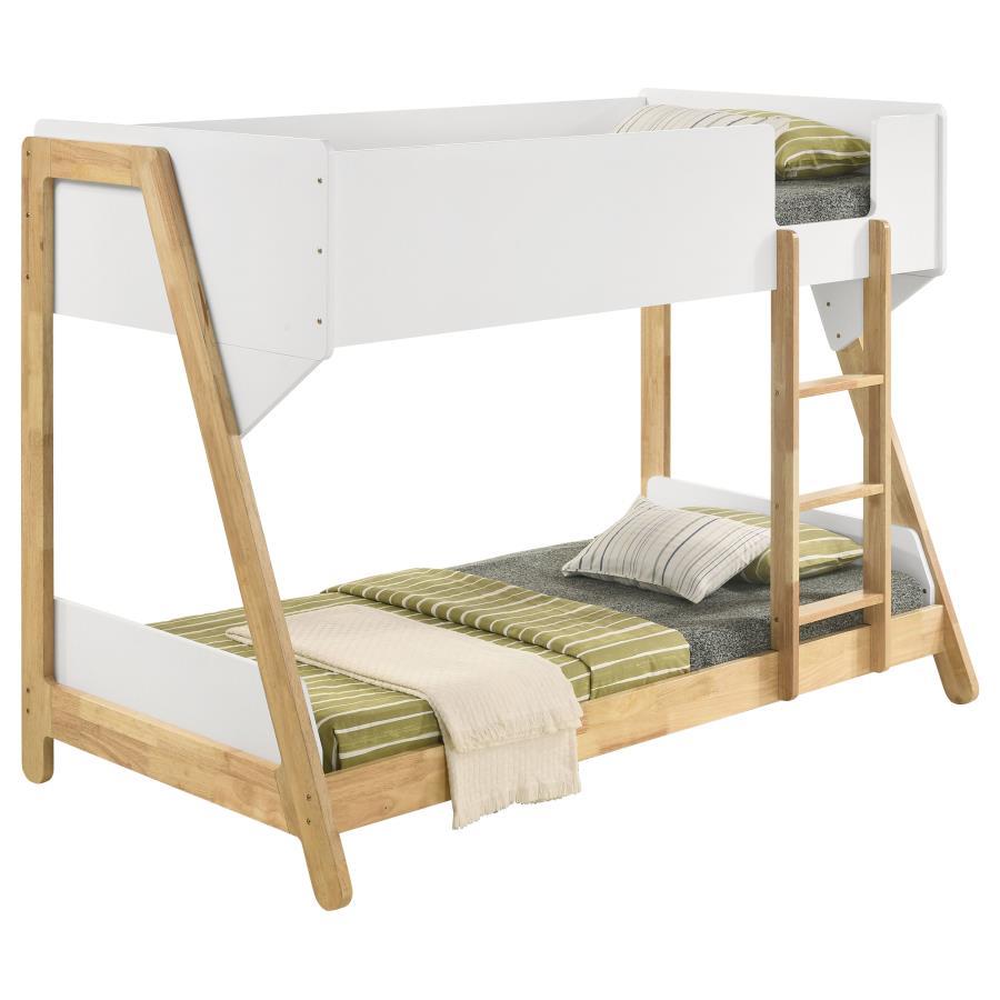 Wyatt Wood Twin Over Twin Bunk Bed – White and Natural Finish with Guard Rails, Attached Ladder, and Modern Space-Saving Design for Kids