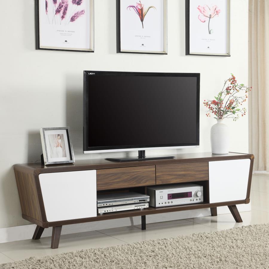 Alvin 2 Door Engineered Wood TV Stand in Dark Walnut with Retro Mid-Century Modern Design, Media Storage Shelves & Large Screen TV Console