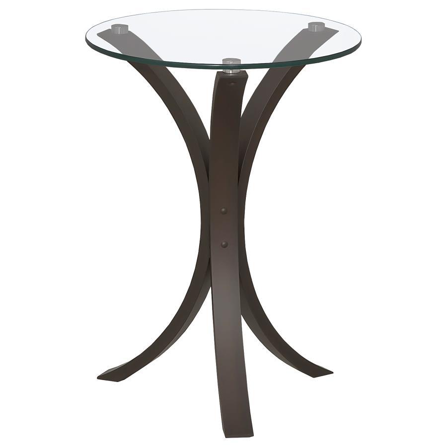 Edgar Round Glass Top Accent Side Table – Contemporary Cappuccino End Table with Curved Legs, Tempered Glass Surface and Minimalist Modern Design
