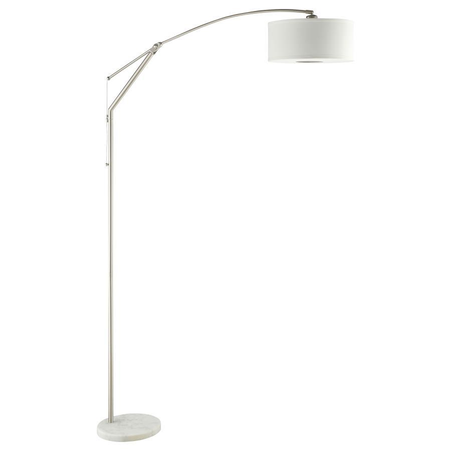 Moniz Drum Shade Arc Adjustable Floor Lamp – Sleek Chrome Finish with White Round Shade, Modern Statement Lighting for Living Rooms