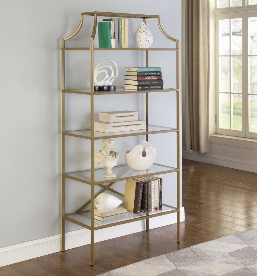 Serena 5-Shelf Glass Bookshelf in Gold – Contemporary Tall Bookcase with Tempered Glass Shelves, Modern Open Display and Storage Unit