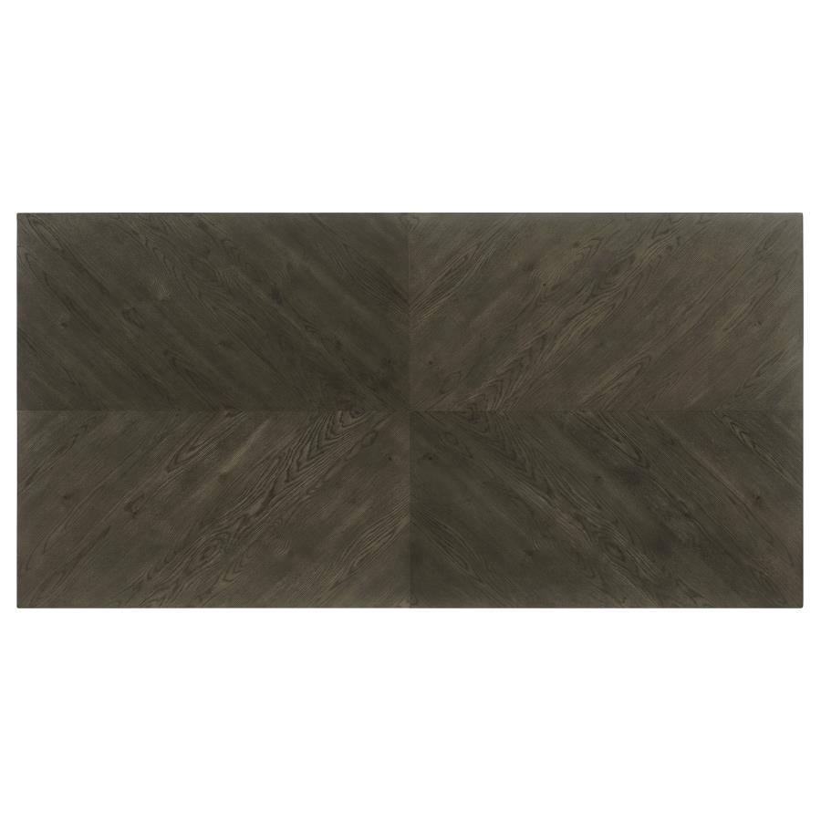 Kelly Rectangular Wood Dining Table – Dark Gray Transitional Design with Chevron Pattern & Modern Trestle Base for Elegant Dining Spaces