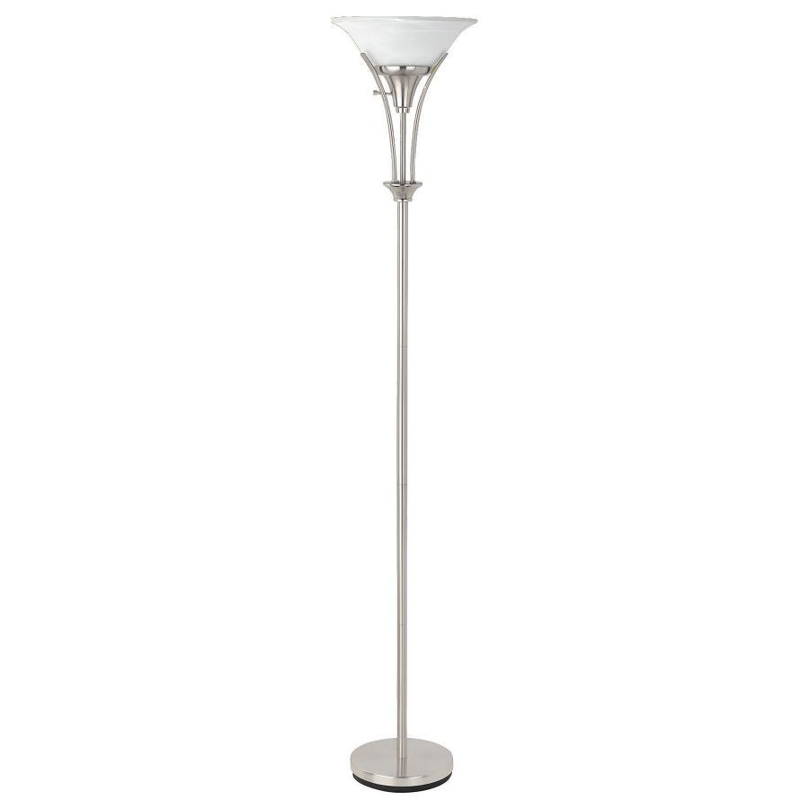 Archie Frosted Torchiere Floor Lamp with Brushed Steel Finish, Ribbed Glass Shade, Tall Slim Silhouette, and Modern Ambient Uplight Design