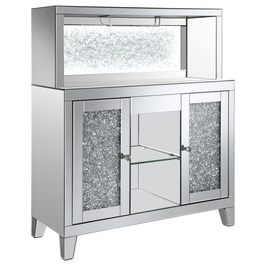 Yvaine 2-Door Mirrored Acrylic Home Bar Wine Cabinet – Silver Finish, Faux Diamond Detailing, Crystal Knobs, Open Back Shelf, Luxury Storage Display