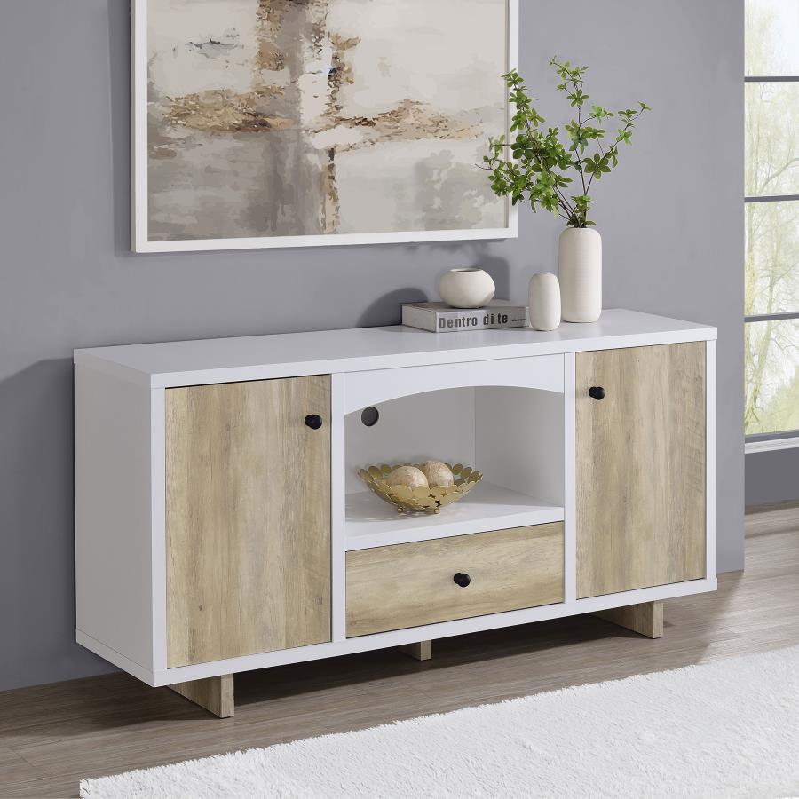 Dalton 2-Door Storage Credenza – White and Distressed Pine Modern Farmhouse Cabinet with Open Shelf, Cord Management, and Durable Melamine Finish