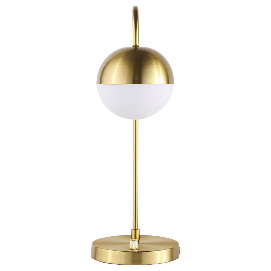 Merrick Spherical Arched Bedside Table Lamp – Vintage-Inspired Gold Finish with White Glass Globe, Slim J-Hook Arm, Round Base, and Built-In USB