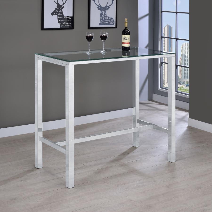 Tolbert Rectangular Glass Top Pub Bar Table in Chrome – Modern Home Bar Table with Sleek Design, Sturdy Metal Frame, and Contemporary Appeal