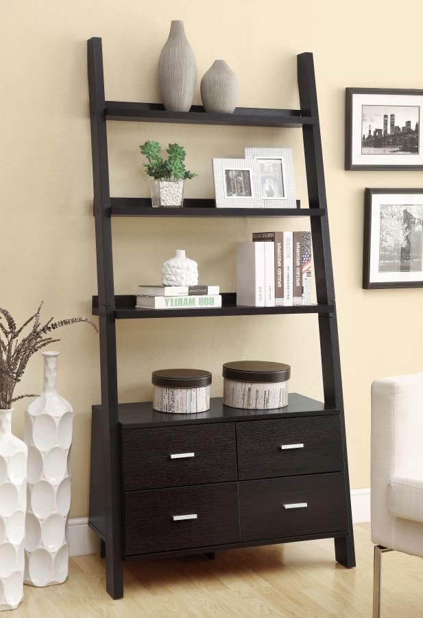 Colella 5-Shelf Ladder Bookshelf – Cappuccino Wood Storage with 4 Drawers, Euro Glide Shelving, and Elegant Modern Design for Home Office or Living Room