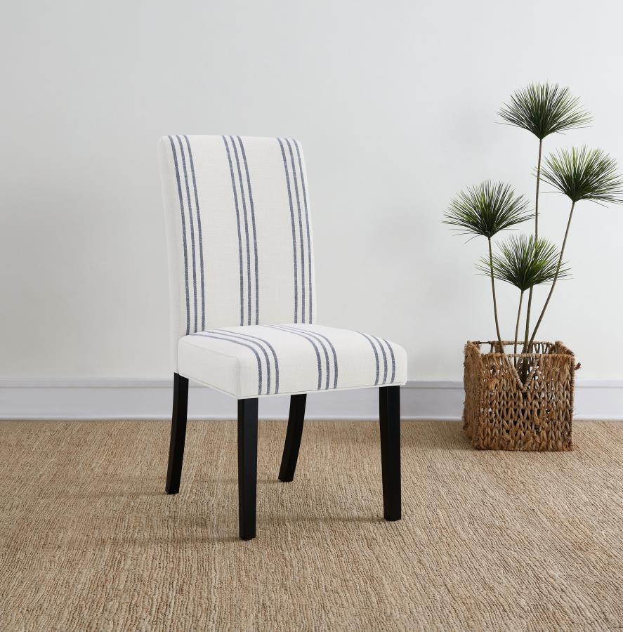Herran Upholstered Dining Side Chair Set of 2 – Beige Linen-Like Fabric with Subtle Blue Stripes and Asian Hardwood Frame for Modern Farmhouse & Transitional Dining