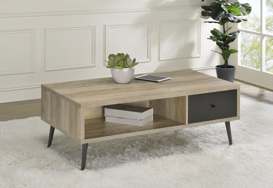 Welsh 1-Drawer Engineered Wood Coffee Table – Antique Pine Finish with Distressed Pine and Retro Design